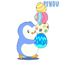 a penguin is holding a bunch of easter eggs and the word pengu is on the bottom right