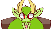 a cartoon drawing of a green monster with red eyes and horns