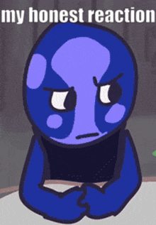 a blue cartoon character is sitting at a table with his hands folded and the words my honest reaction above him