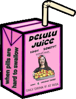 a pink box of delulu juice with a straw