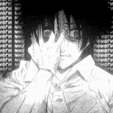 a black and white drawing of a man covering his face in front of a wall of russian words