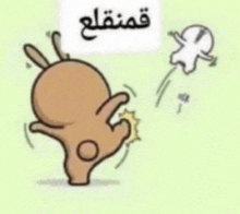 a cartoon of a rabbit kicking another rabbit with arabic writing