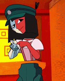 a cartoon character wearing a green hat and a red and white shirt is standing in a room .