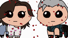 a cartoon drawing of a girl and a boy with blood on their faces