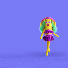 a yellow cartoon character with rainbow hair and a purple dress says hello