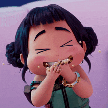 a cartoon girl with her eyes closed is wearing a bracelet with the letter s on it