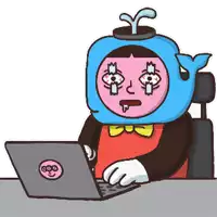a cartoon of a person wearing a blue whale hat using a laptop