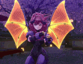 a purple and orange anime character with wings