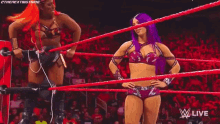 two female wrestlers are standing in a wrestling ring .