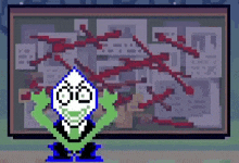 a pixel art of a frog standing in front of a bulletin board with papers on it .