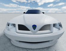 a white car with a blue circle on the front hood