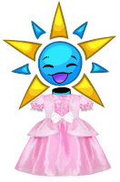 a cartoon sun with a blue face is wearing a pink dress