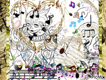 a black and white drawing of a man surrounded by music notes and a picmix logo