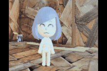 a naked doll with blue hair is standing in front of a pile of wood