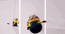 a minion is riding a skateboard on a rope .