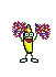 a pixel art drawing of a banana holding cheerleaders .