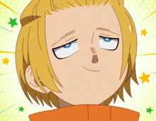a cartoon character with blonde hair and blue eyes making a funny face with his eyes closed