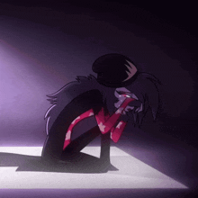 a cartoon character is kneeling down with his eyes closed
