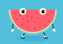 a cartoon illustration of a watermelon with eyes and arms and legs