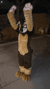 a person in a furry dog costume is standing on a sidewalk