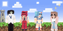 a group of minecraft characters standing next to each other with a tower in the background