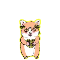 a cartoon of a dog holding a heart with a bunch of black cats around it