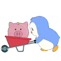 a penguin is pushing a wheelbarrow with a pink piggy bank in it