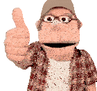 a puppet wearing glasses and a plaid shirt giving a thumbs up