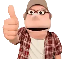 a puppet wearing glasses and a plaid shirt giving a thumbs up
