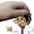 a pixel art of a man with glasses and a towel over his head