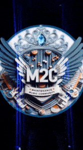 a logo for m2c maintenance music community with wings and a crown