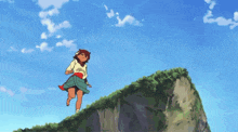 a cartoon character is jumping off a cliff