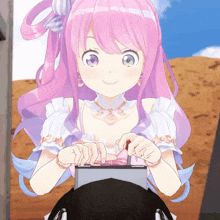 a cartoon girl with pink hair and purple eyes is playing a video game