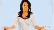 a woman in a white shirt is standing with her arms outstretched in front of a blue background that says smp