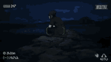 a cartoon of a man sitting on a rock with the numbers 24 on the top left