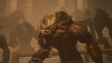 a statue of a man with a sword is surrounded by a crowd of monsters