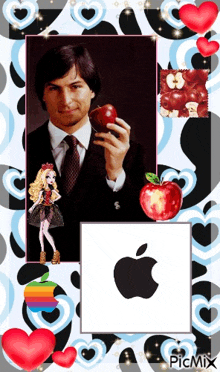a picture of a man holding an apple is surrounded by apple logos and hearts