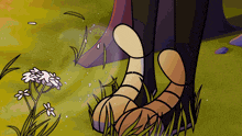 a cartoon drawing of a person 's feet in the grass with flowers in the background