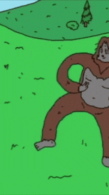 a cartoon drawing of a bigfoot standing in the grass