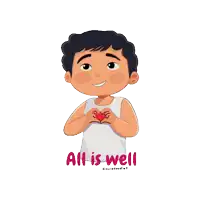 a cartoon drawing of a boy making a heart with his hands and the words all is well below him