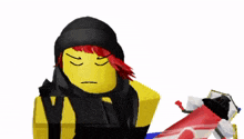 a yellow cartoon character with red hair is wearing a black hat