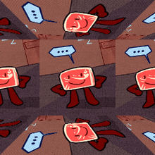 a cartoon drawing of a red square with a smiley face and speech bubbles