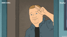 a cartoon of a man making a peace sign with hulu written in the corner