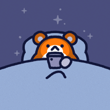 a cartoon of a bear laying in bed holding a cup