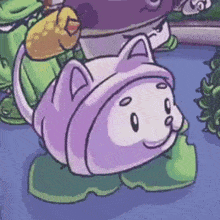 a cartoon drawing of a purple cat sitting on a green leaf