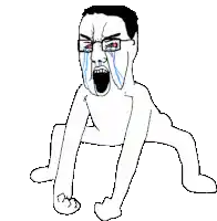 a black and white drawing of a man with glasses crying and screaming .