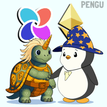 a penguin and a turtle are standing next to each other and the penguin is wearing a wizard 's hat