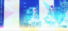 a group of anime girls are dancing on a stage in front of a building .