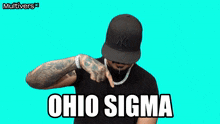 a man wearing a hat and a necklace with the word ohio sigma written on it