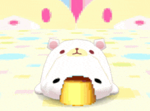 a pixel art of a white bear with a piece of food in its mouth